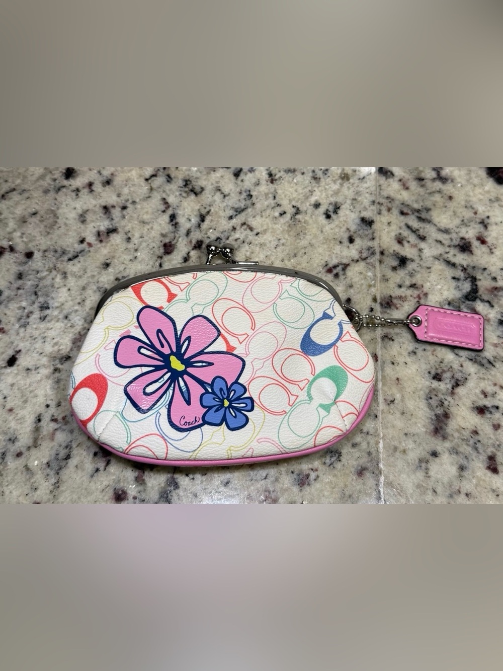 Coach Kisslock Coin Case With Floral Print White & Pink